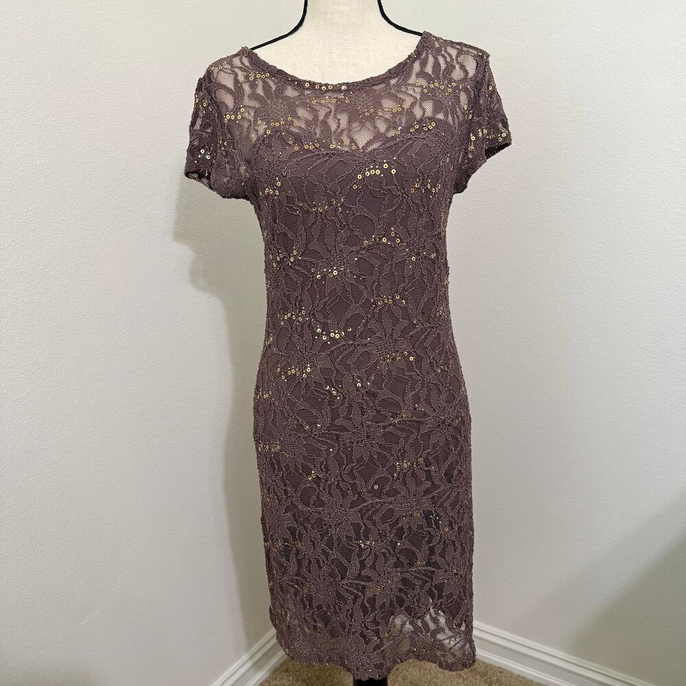 Chelsea & Violet Brown Lace Sequin Short Sleeve Dress Womens Medium EUC